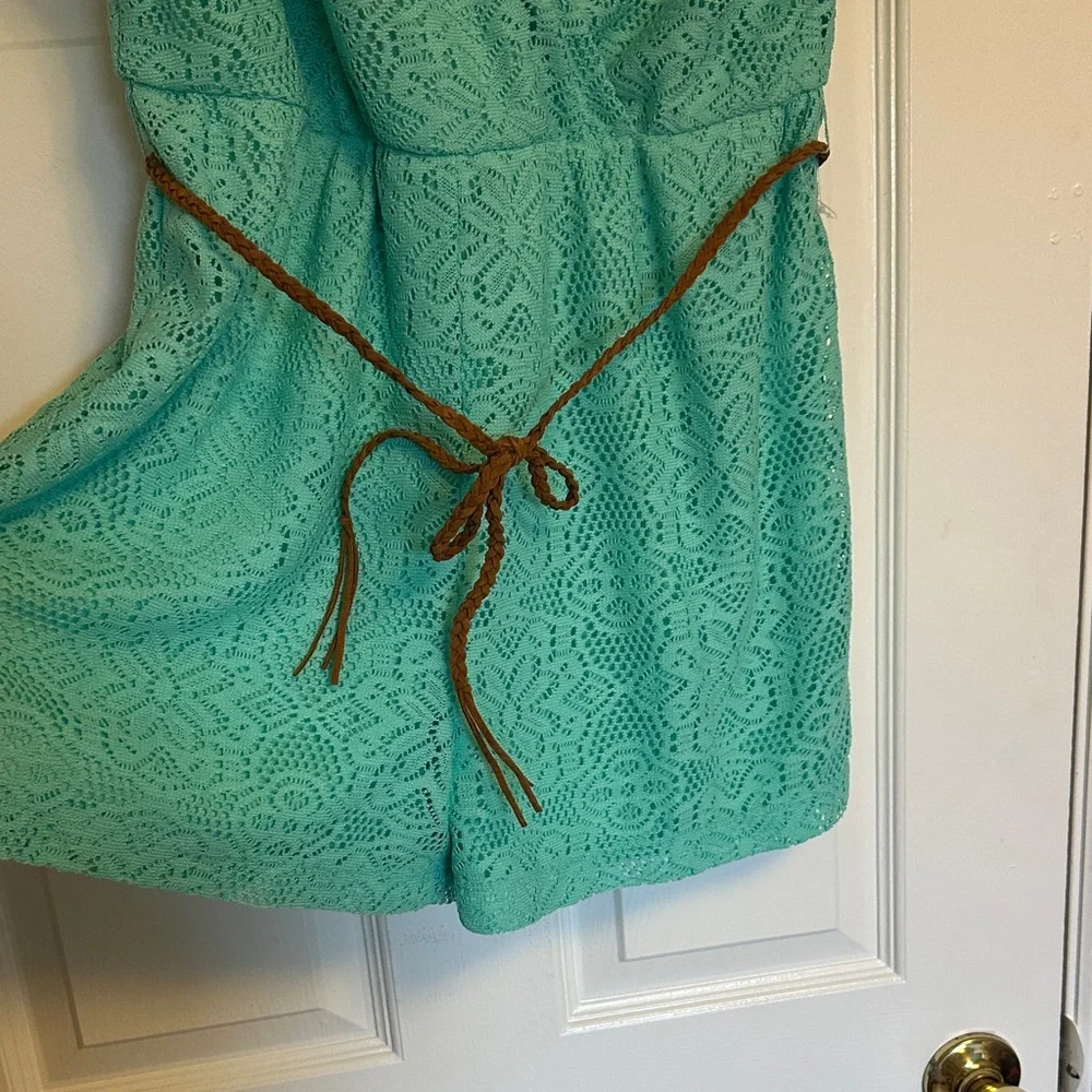 Bailey Blue Mint Lace Boho Romper with Faux Leather Belt - Picture 5 of 11